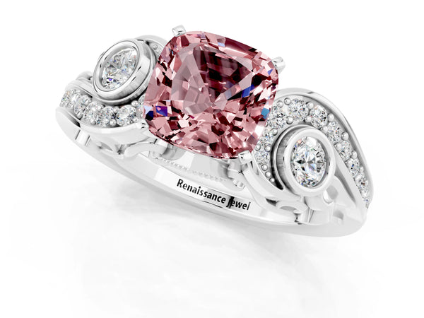 White gold Cushion Cut Morganite Solitaire Ring with Milgrain Pavé Band and Four-Prong Setting