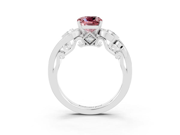 White gold Cushion Cut Morganite Solitaire Ring with Milgrain Pavé Band and Four-Prong Setting