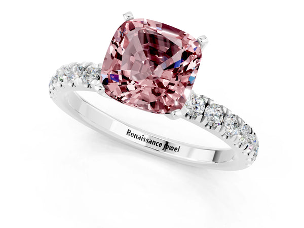 Platinum Cushion Cut Morganite Solitaire Ring with Pavé Accents and Four-Prong Setting