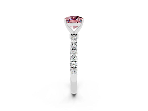 White gold Cushion Cut Morganite Solitaire Ring with Pavé Accents and Four-Prong Setting