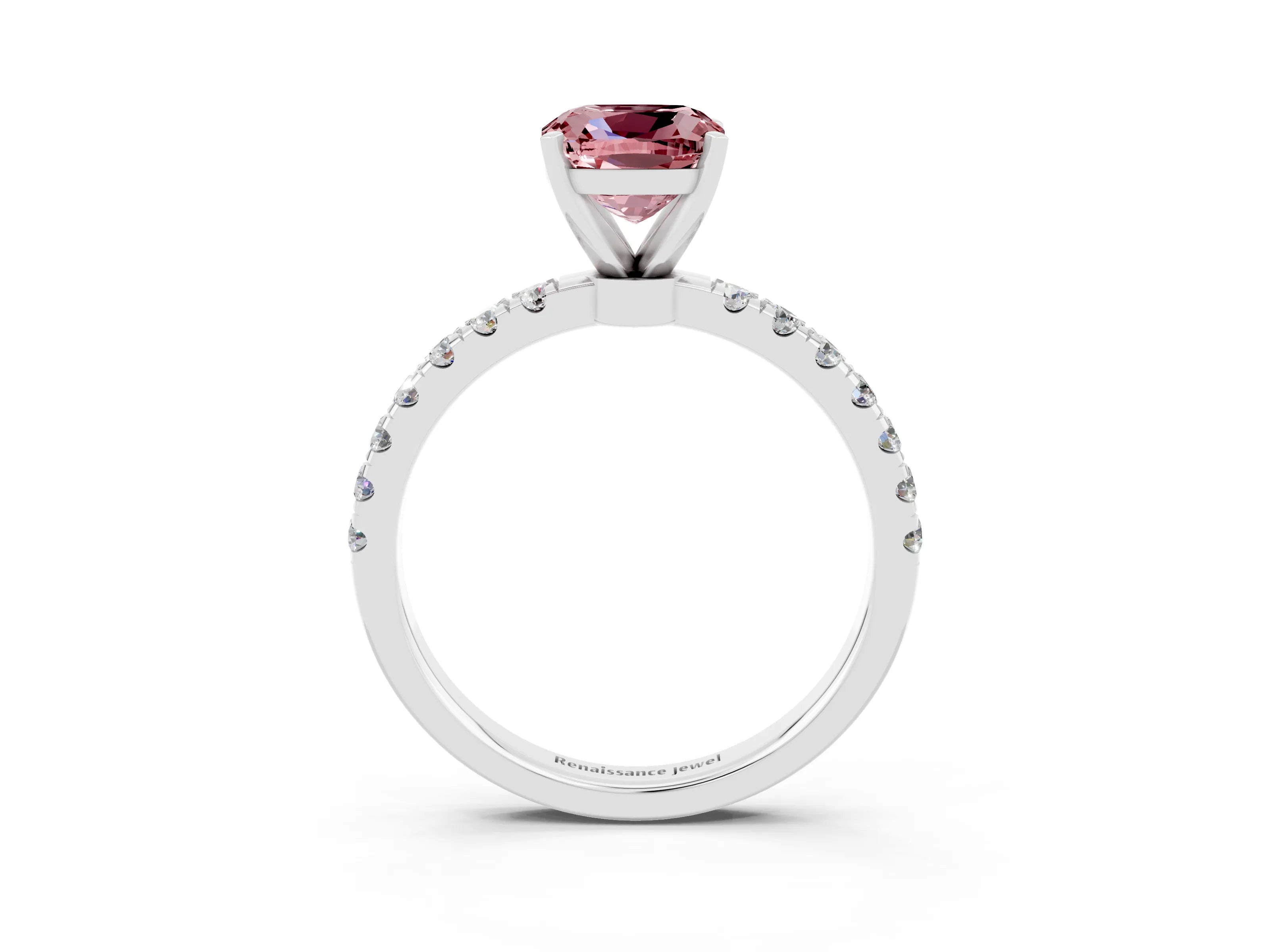 White gold Cushion Cut Morganite Solitaire Ring with Pavé Accents and Four-Prong Setting_3