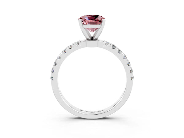 White gold Cushion Cut Morganite Solitaire Ring with Pavé Accents and Four-Prong Setting
