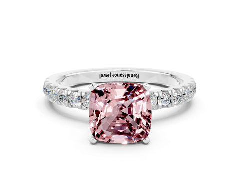 White gold Cushion Cut Morganite Solitaire Ring with Pavé Accents and Four-Prong Setting