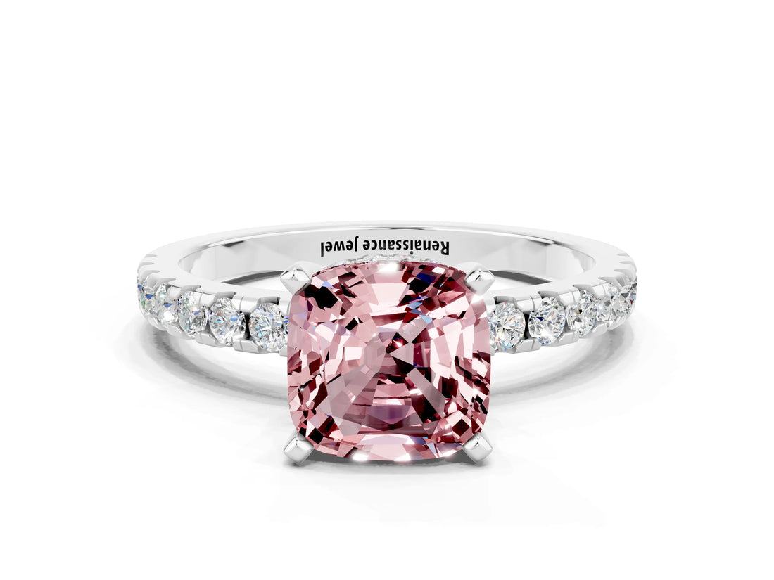 White gold Cushion Cut Morganite Solitaire Ring with Pavé Band and Four-Prong Setting_12