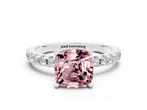 White gold Cushion Cut Morganite Solitaire Ring with Pavé Band and Four-Prong Setting_12