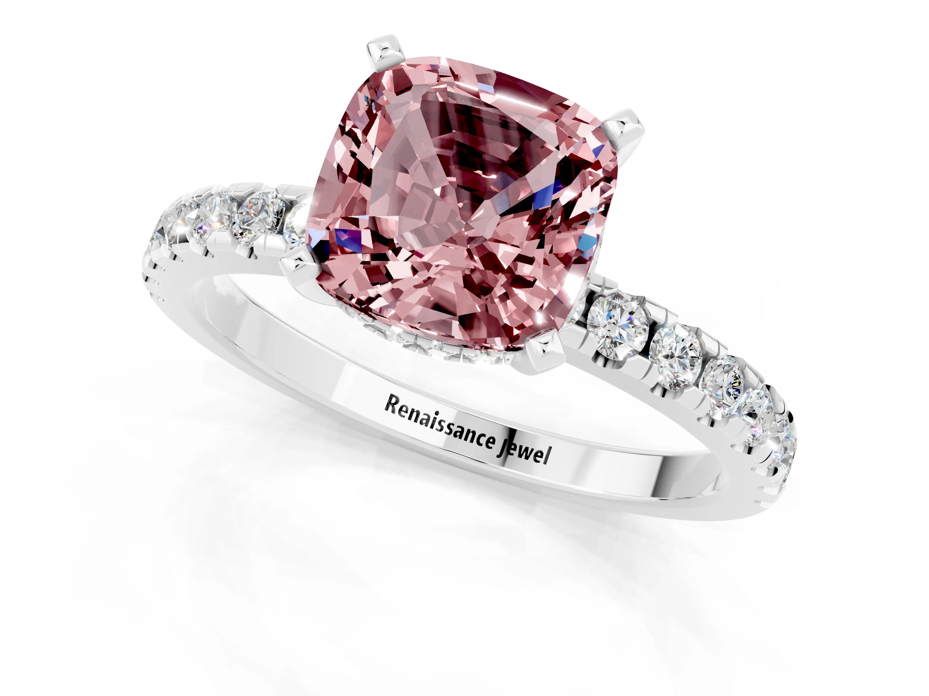 White gold Cushion Cut Morganite Solitaire Ring with Pavé Band and Four-Prong Setting_13