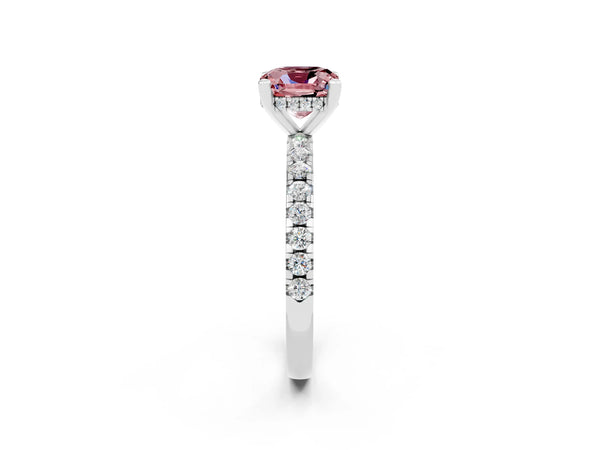 White gold Cushion Cut Morganite Solitaire Ring with Round  Pavé Band and Four-Prong Setting