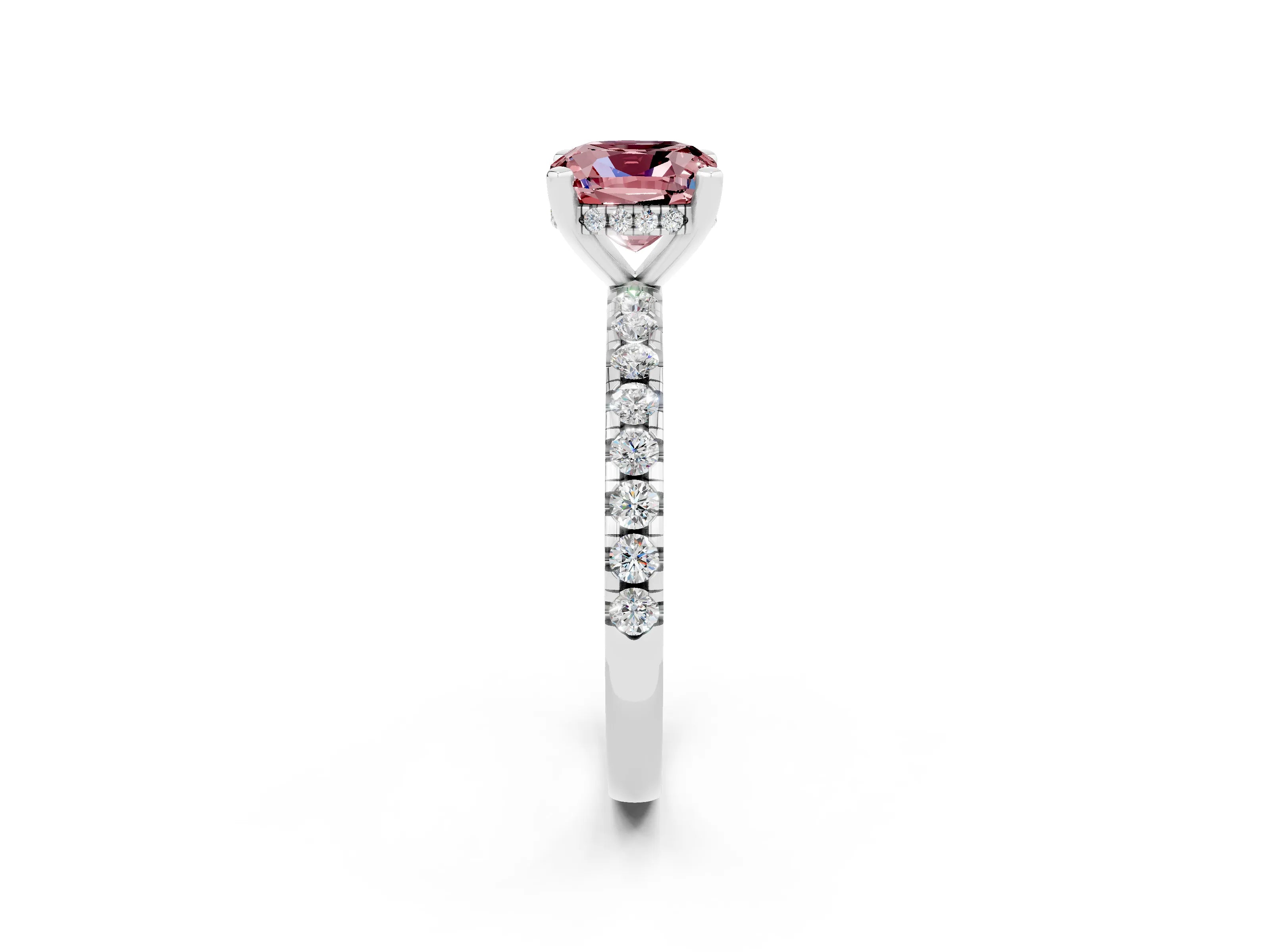 White gold Cushion Cut Morganite Solitaire Ring with Pavé Band and Four-Prong Setting_14