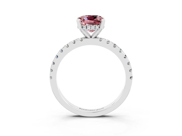 White gold Cushion Cut Morganite Solitaire Ring with Round  Pavé Band and Four-Prong Setting