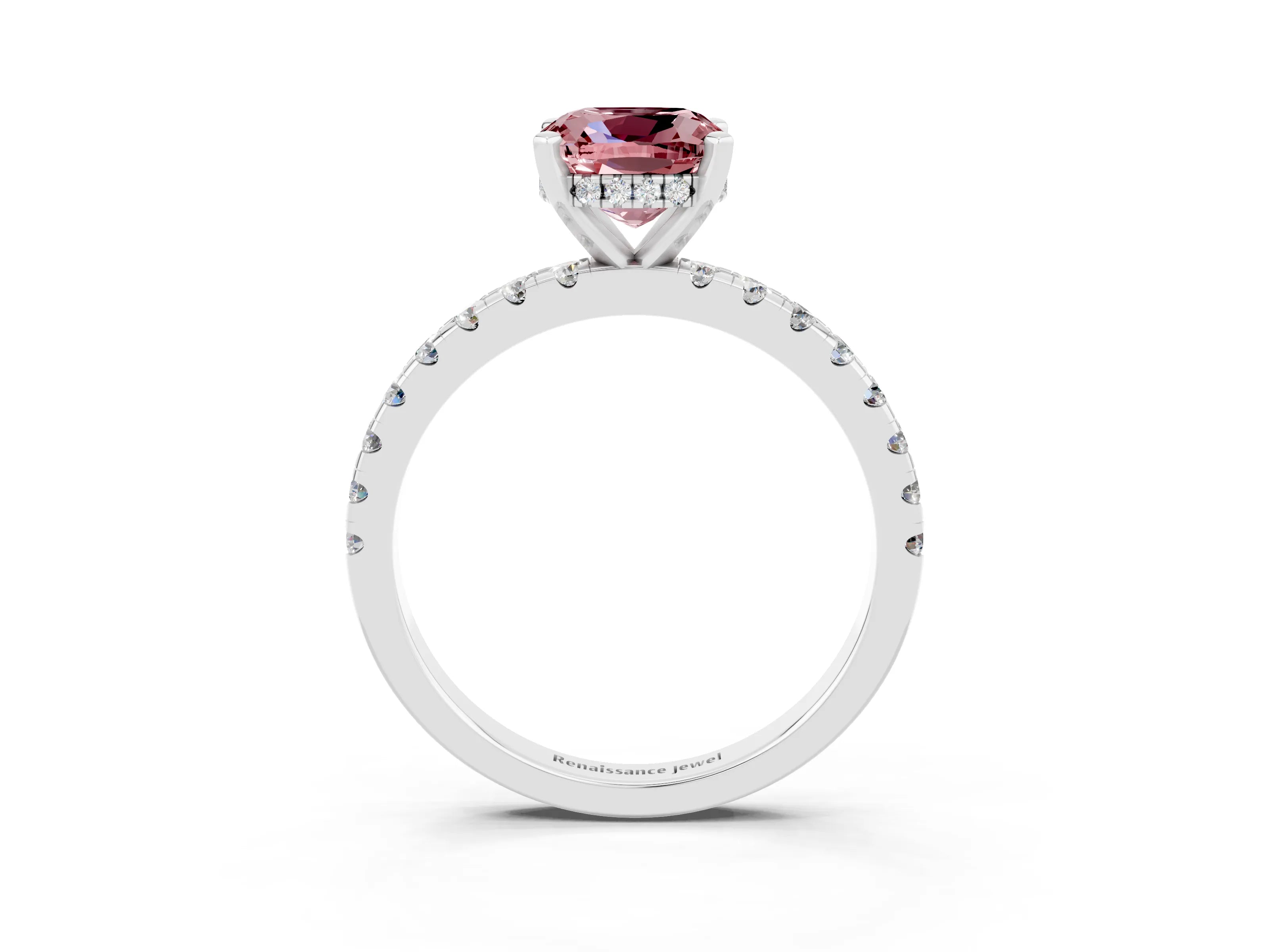 White gold Cushion Cut Morganite Solitaire Ring with Pavé Band and Four-Prong Setting_15