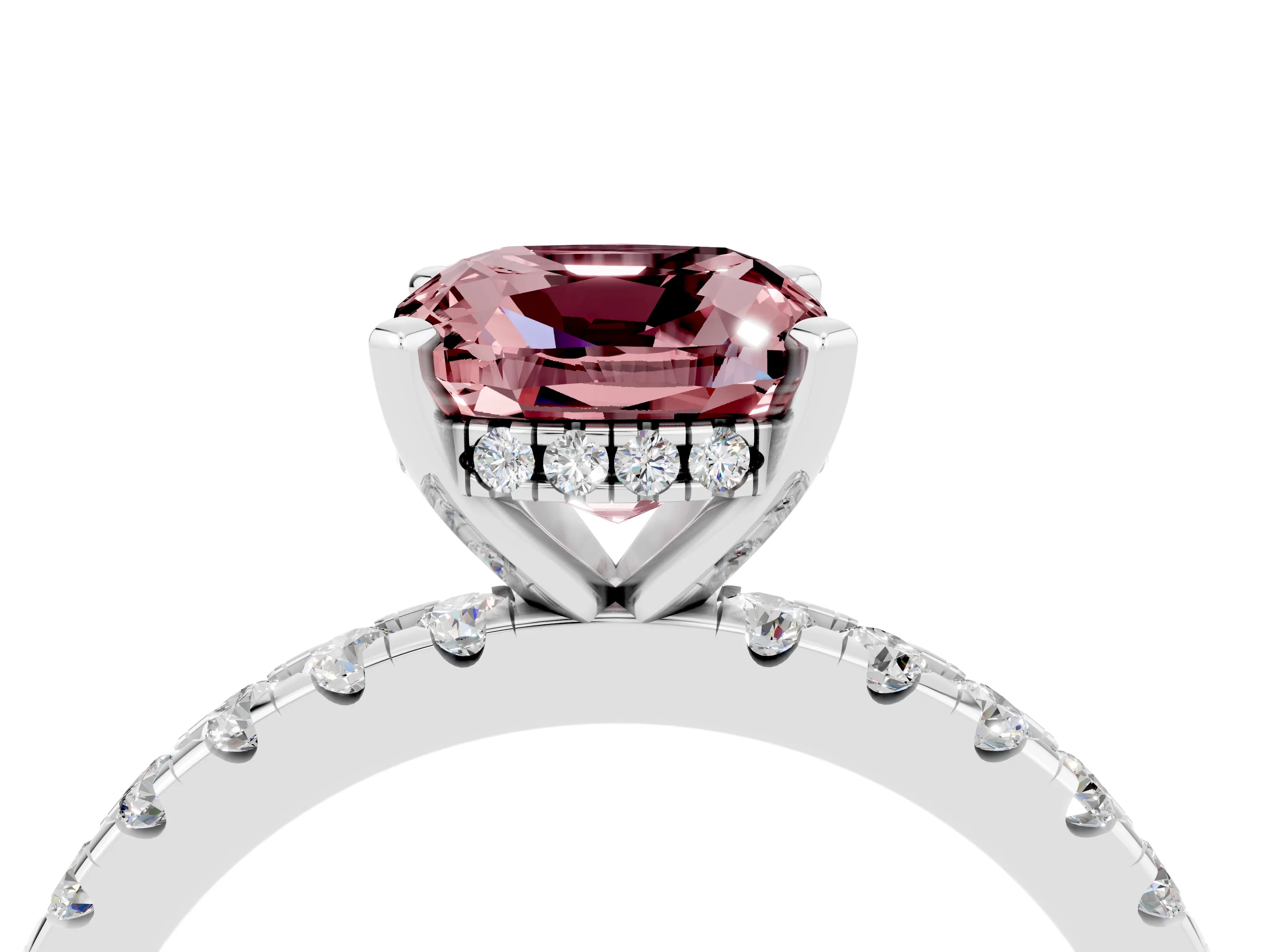 White gold Cushion Cut Morganite Solitaire Ring with Pavé Band and Four-Prong Setting_16