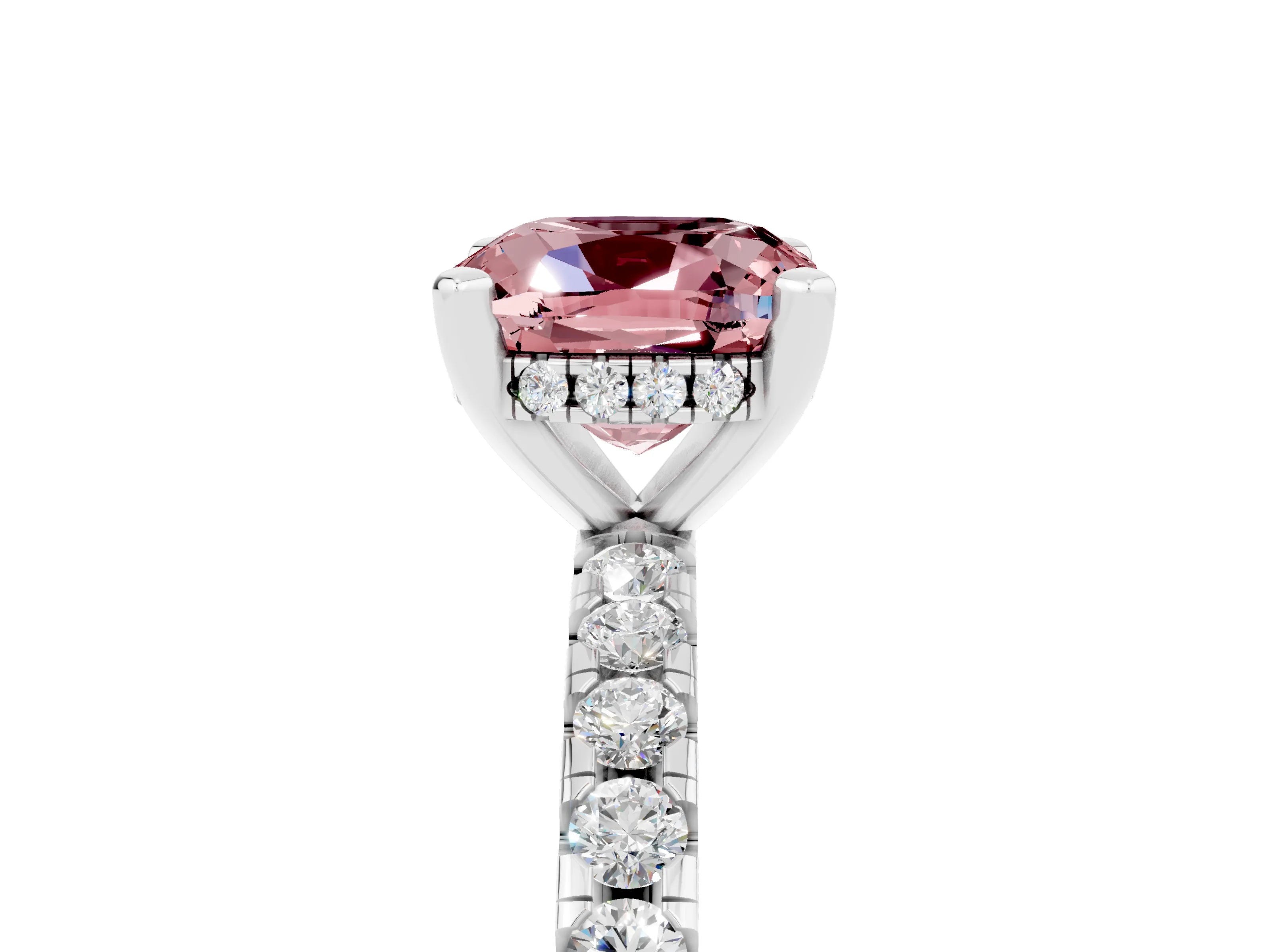 White gold Cushion Cut Morganite Solitaire Ring with Pavé Band and Four-Prong Setting_17