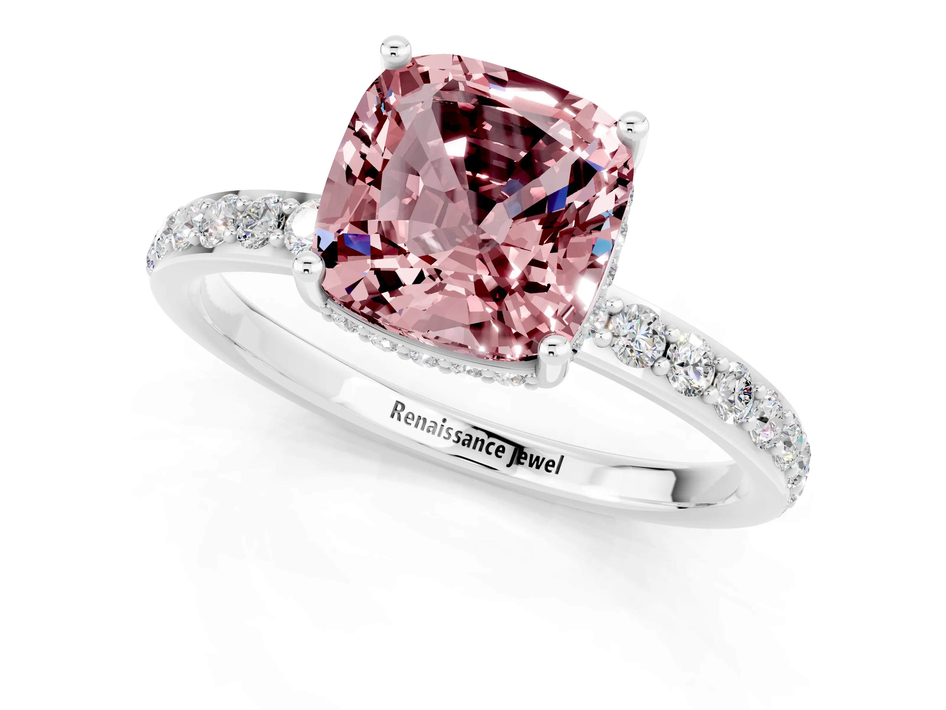 White gold Cushion Cut Morganite Solitaire Ring with Pavé Band and Hidden Halo_1