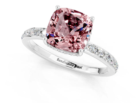 White gold Cushion Cut Morganite Solitaire Ring with Pavé Band and Hidden Halo_1