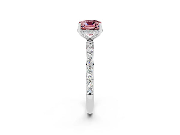 Platinum Cushion Cut Morganite Solitaire Ring with Pavé Band and Hidden Halo