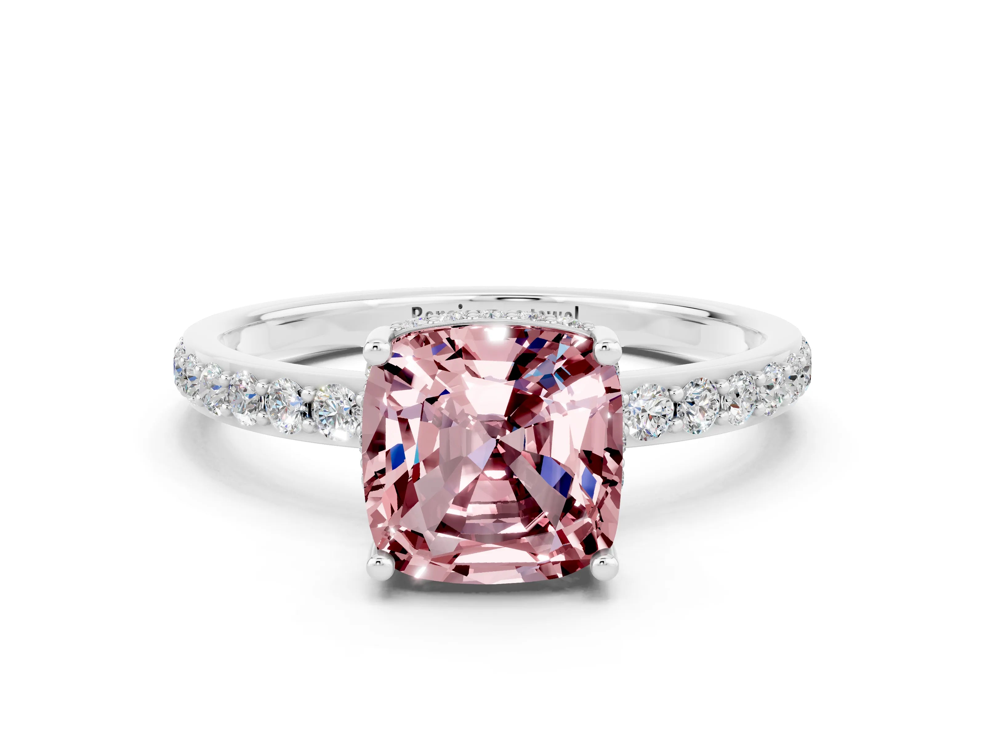 White gold Cushion Cut Morganite Solitaire Ring with Pavé Band and Hidden Halo_24