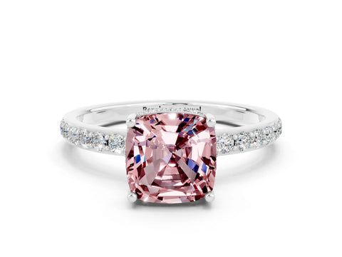 White gold Cushion Cut Morganite Solitaire Ring with Pavé Band and Hidden Halo_24