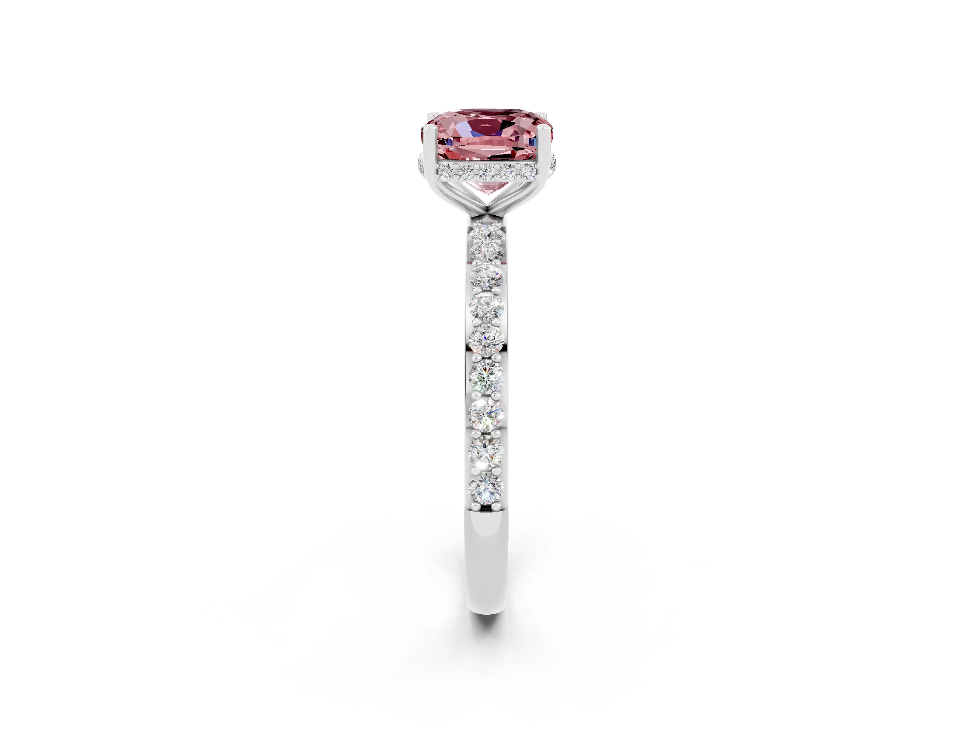 White gold Cushion Cut Morganite Solitaire Ring with Pavé Band and Hidden Halo_26