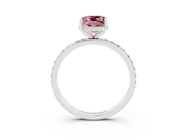 Platinum Cushion Cut Morganite Solitaire Ring with Pavé Band and Hidden Halo