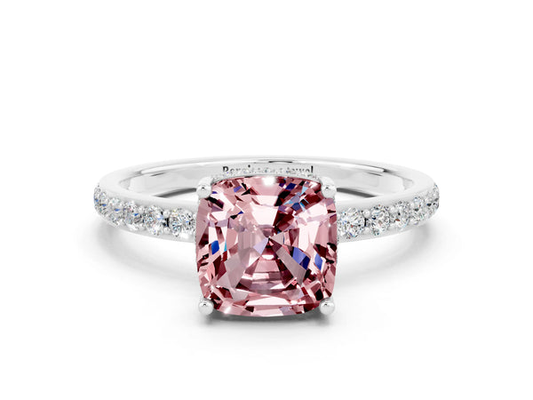 Silver Cushion Cut Morganite Solitaire Ring with Pavé Band and Hidden Halo