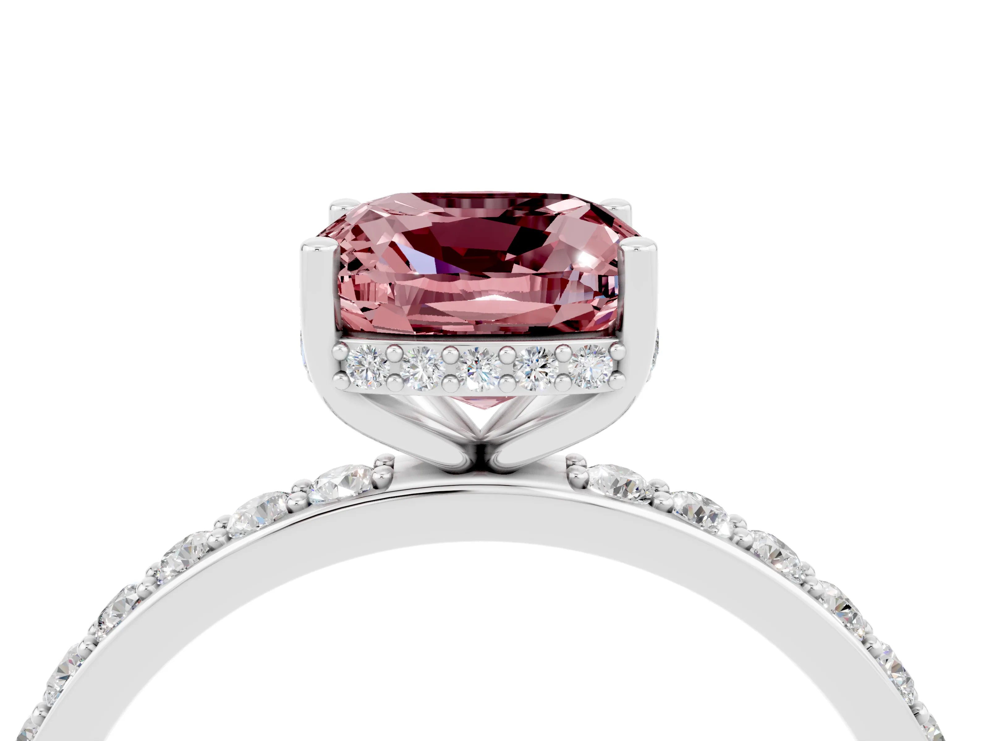 White gold Cushion Cut Morganite Solitaire Ring with Pavé Band and Hidden Halo_4