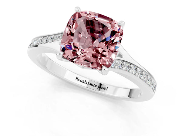 Silver Cushion Cut Morganite Solitaire Ring with Pavé Band and Prong Setting