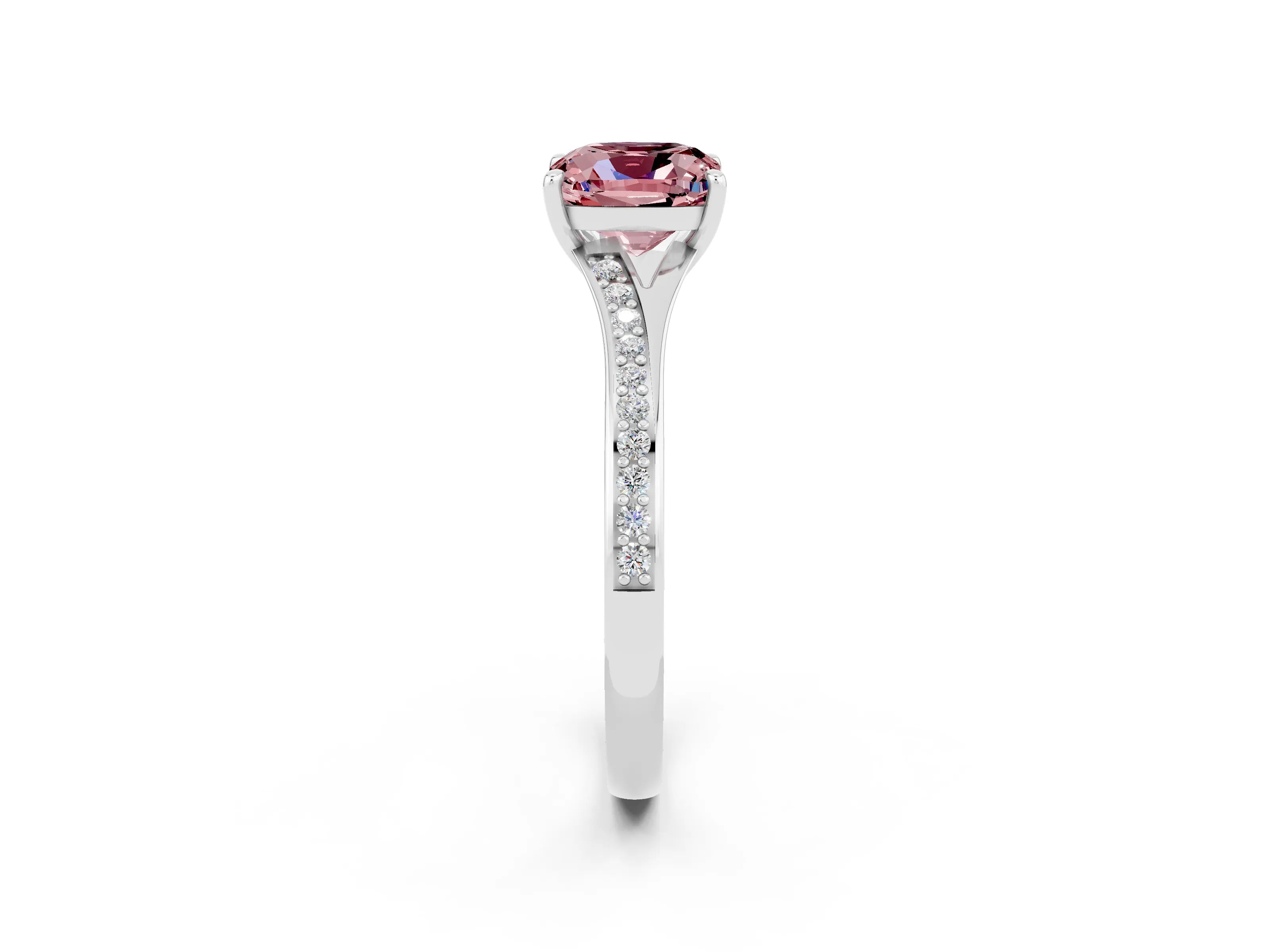 White gold Cushion Cut Morganite Solitaire Ring with Pavé Band and Prong Setting_2