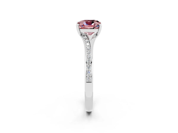 White gold Cushion Cut Morganite Solitaire Ring with Pavé Band and Prong Setting