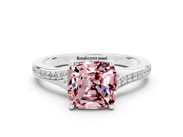 Silver Cushion Cut Morganite Solitaire Ring with Pavé Band and Prong Setting