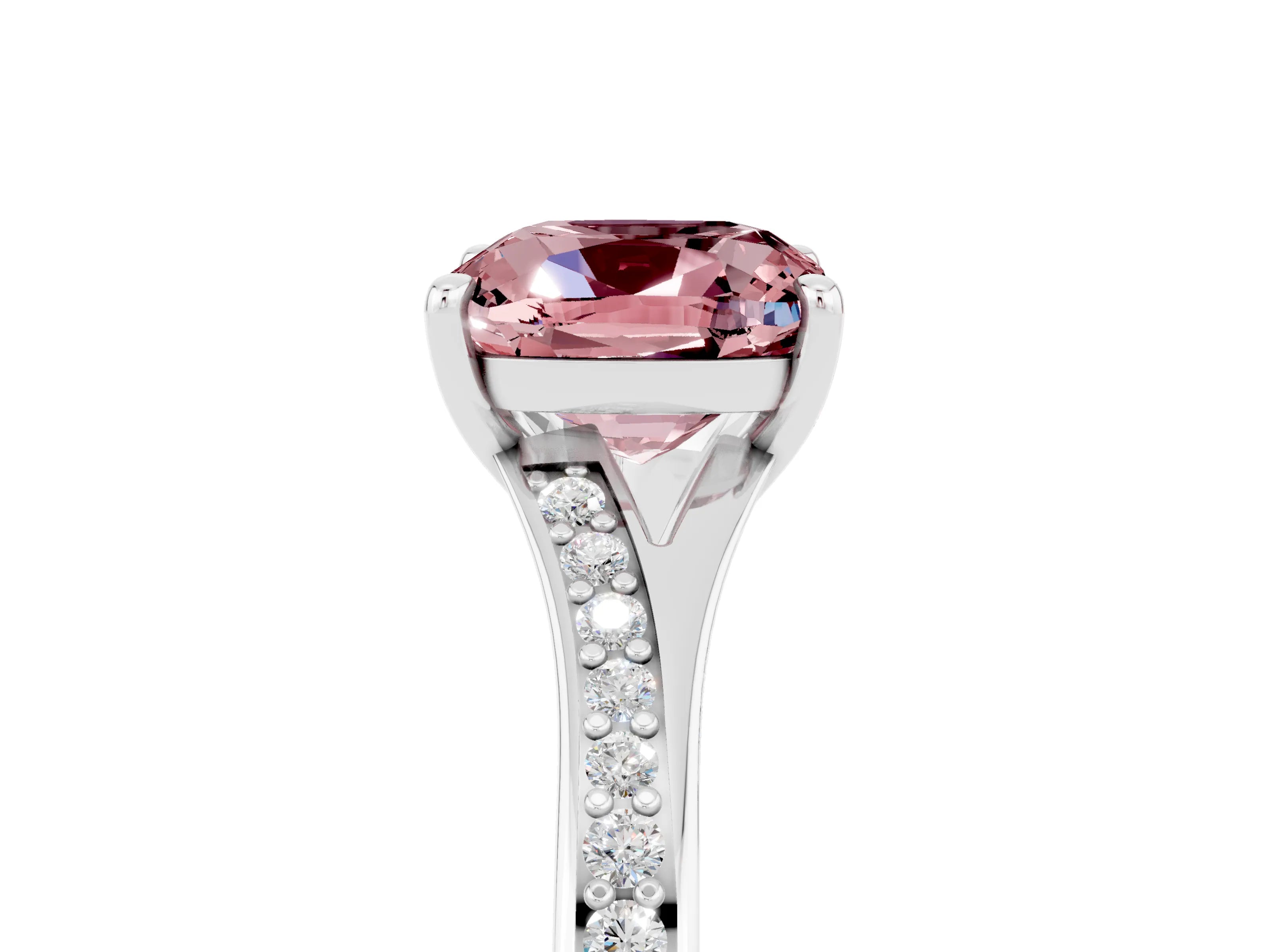 White gold Cushion Cut Morganite Solitaire Ring with Pavé Band and Prong Setting_5