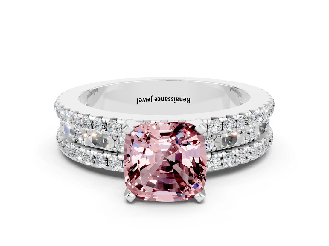 White gold Cushion Cut Morganite Solitaire Ring with Pavé and Channel Set Band