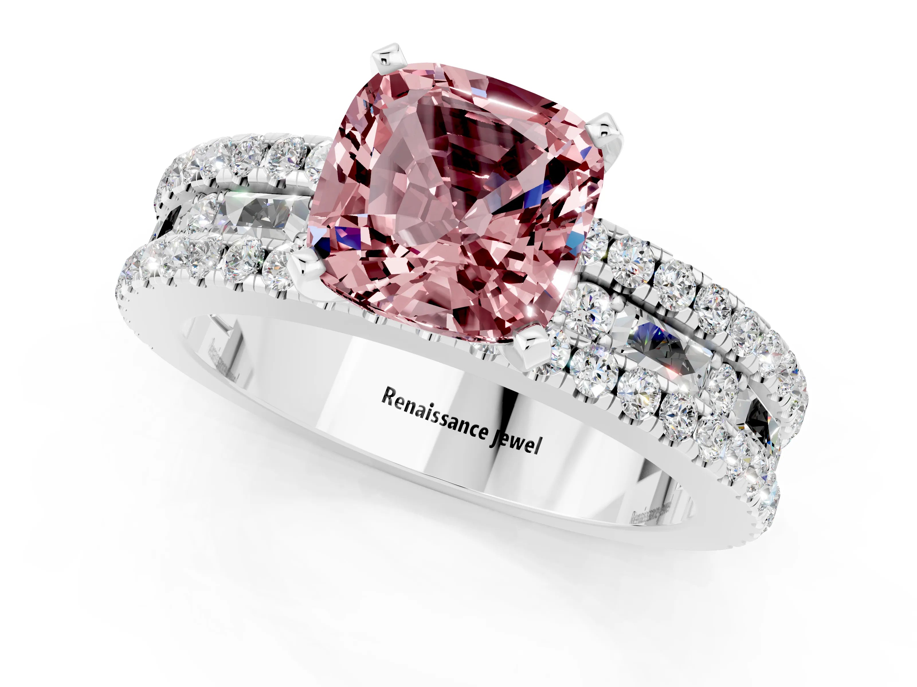 White gold Cushion Cut Morganite Solitaire Ring with Pavé and Channel Set Band_1