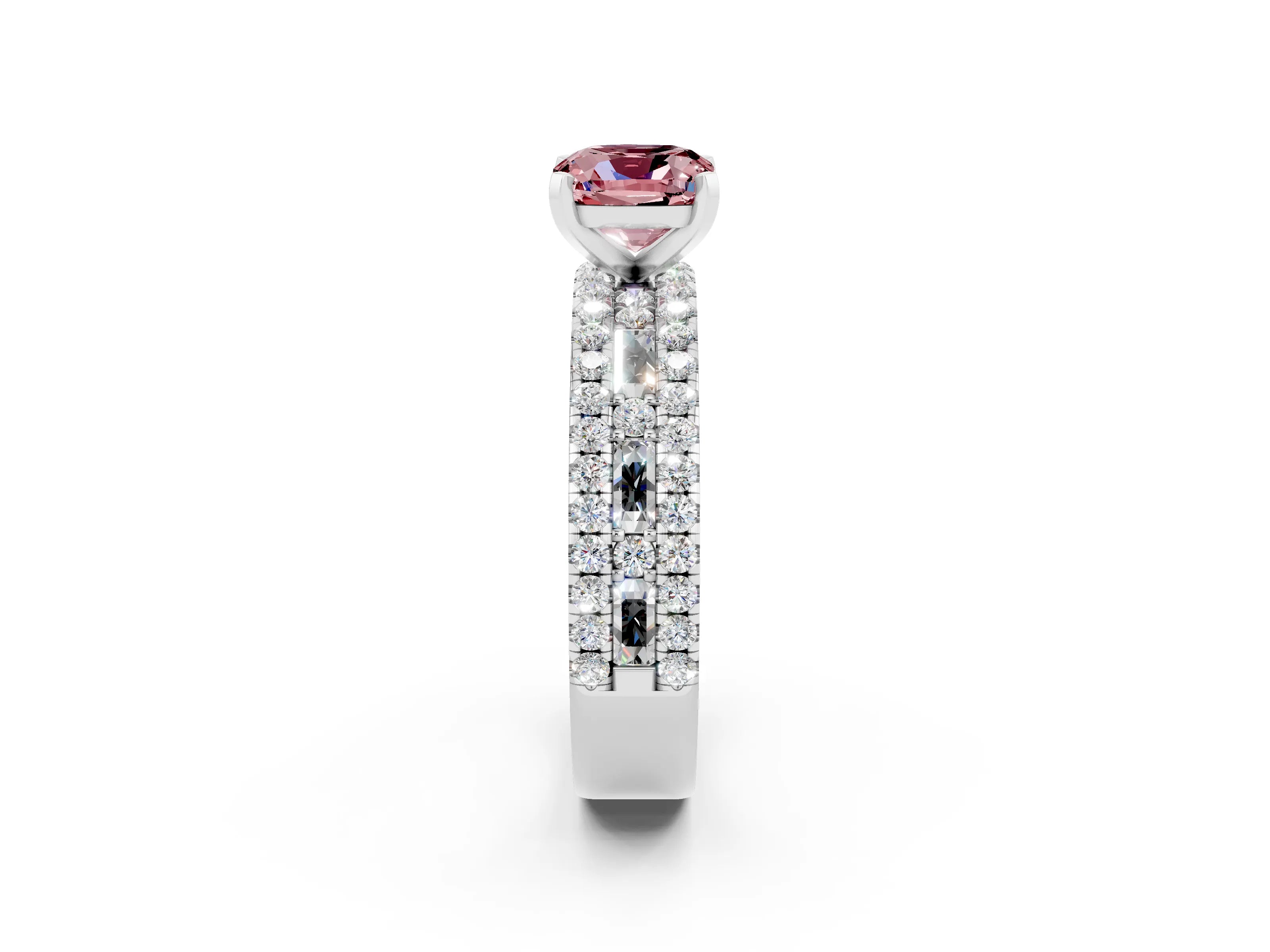 White gold Cushion Cut Morganite Solitaire Ring with Pavé and Channel Set Band_2
