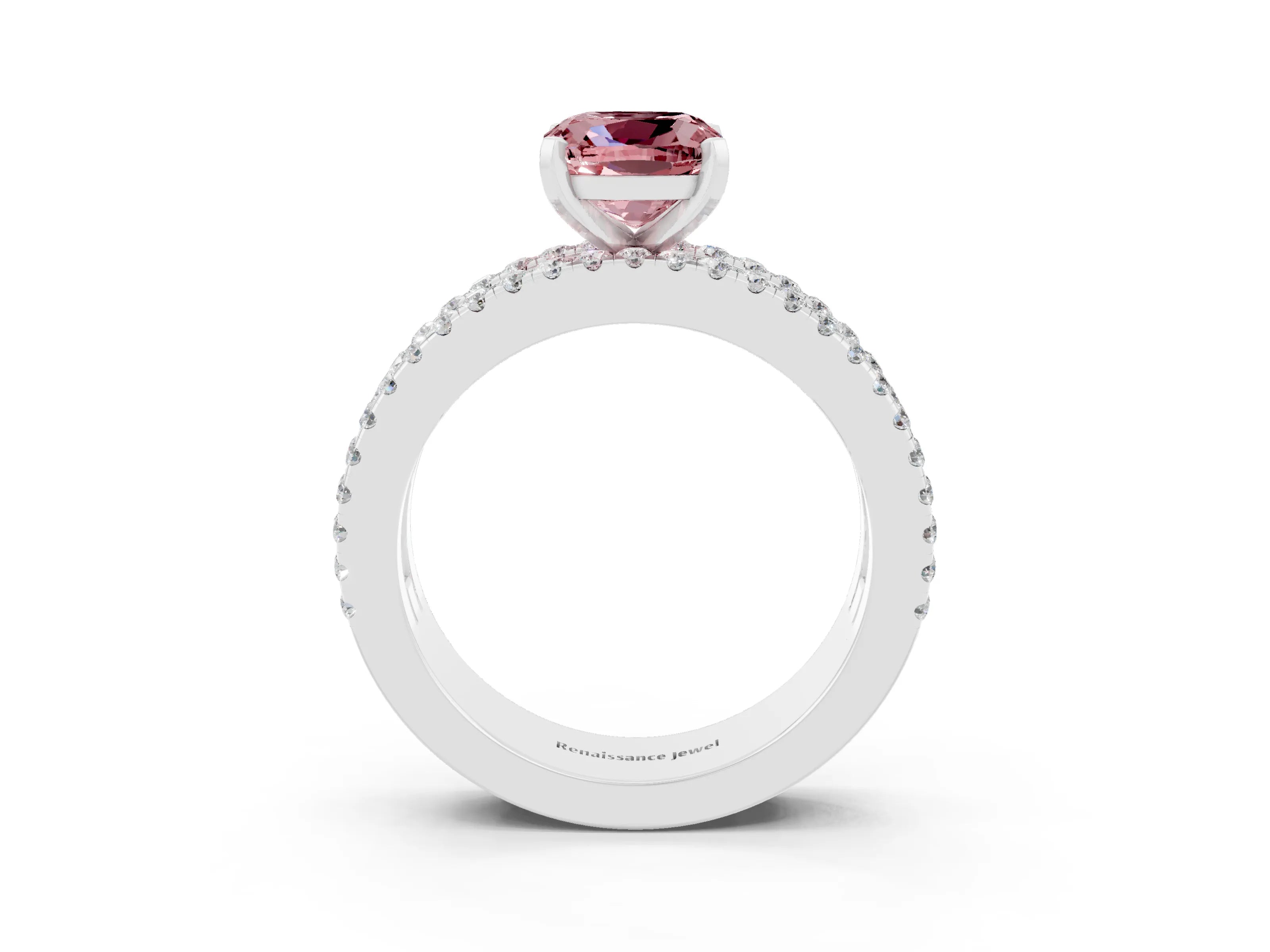 White gold Cushion Cut Morganite Solitaire Ring with Pavé and Channel Set Band_3