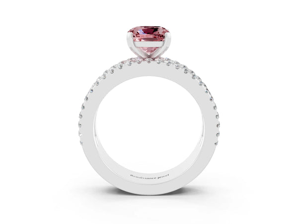 Silver Cushion Cut Morganite Solitaire Ring with Pavé and Channel Set Band