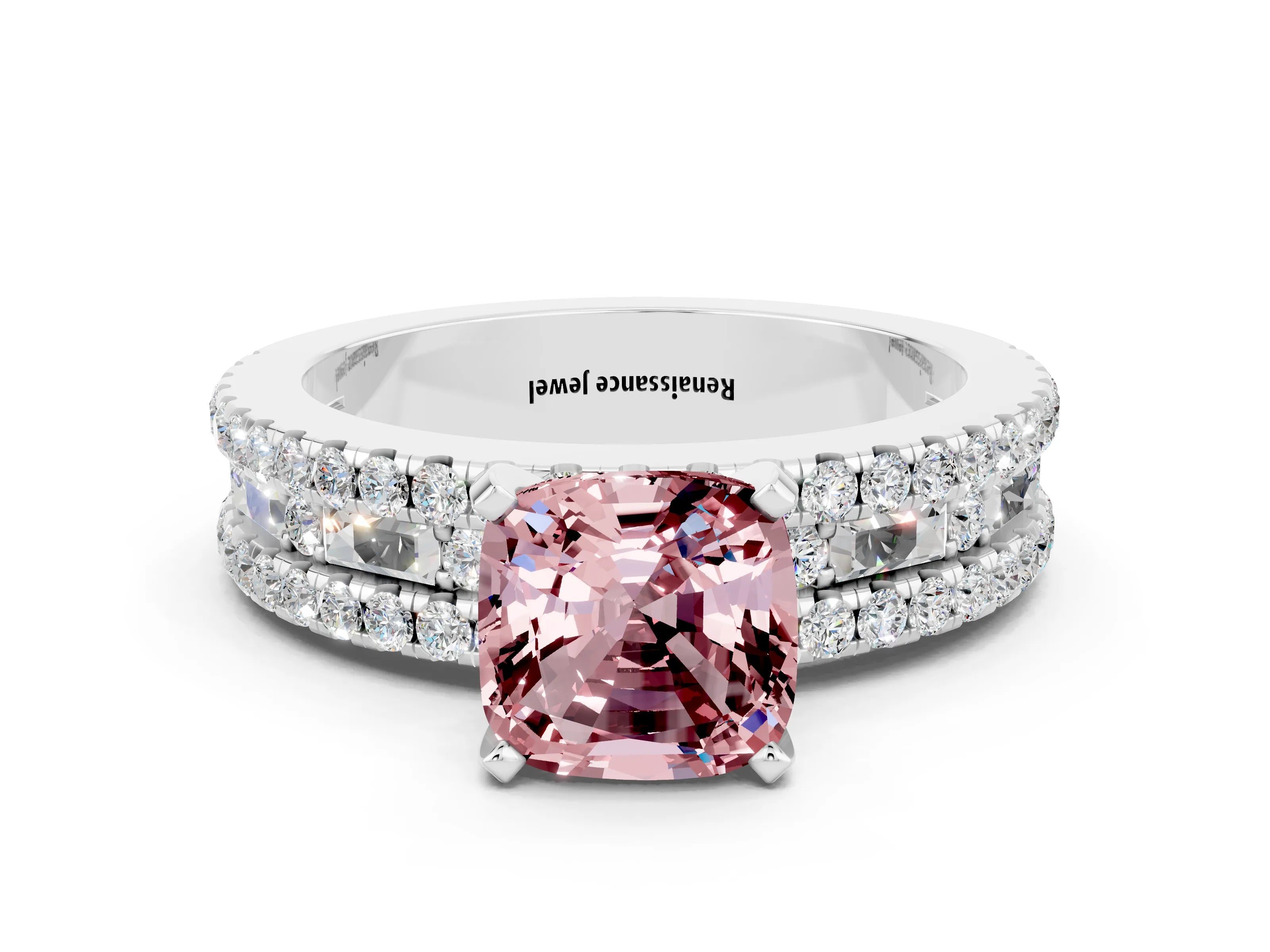 White gold Cushion Cut Morganite Solitaire Ring with Pavé and Channel Set Band