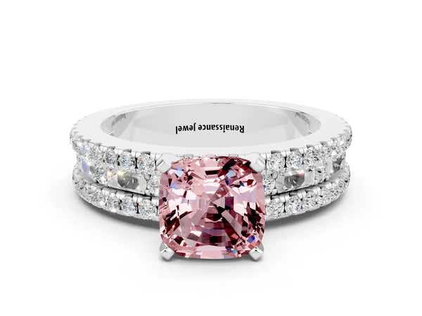 Silver Cushion Cut Morganite Solitaire Ring with Pavé and Channel Set Band