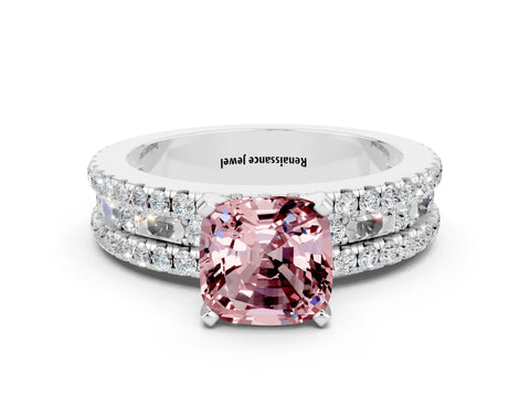 White gold Cushion Cut Morganite Solitaire Ring with Pavé and Channel Set Band