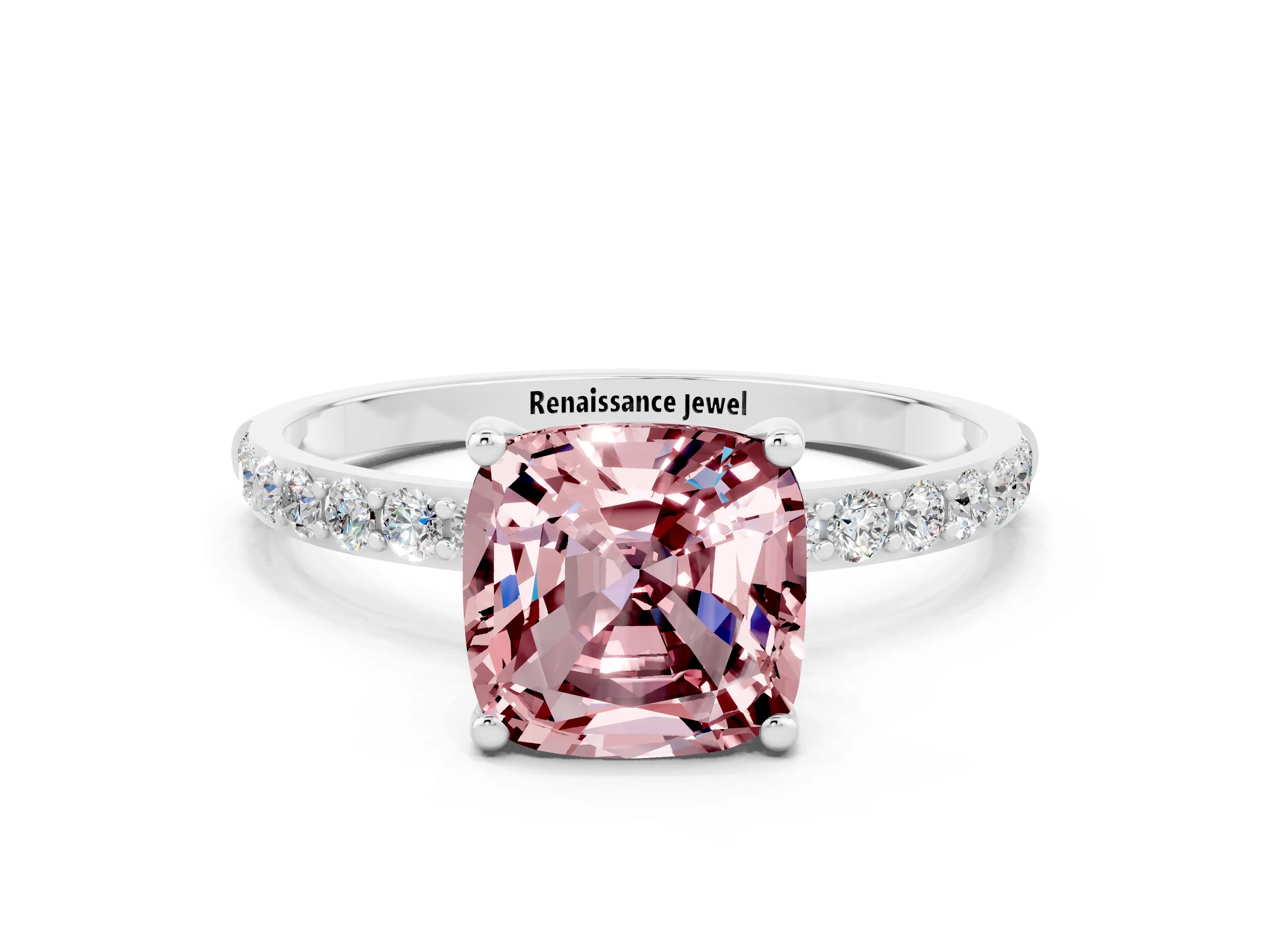 White gold Cushion Cut Morganite Solitaire Ring with Pave Band and Four Prong Setting_12
