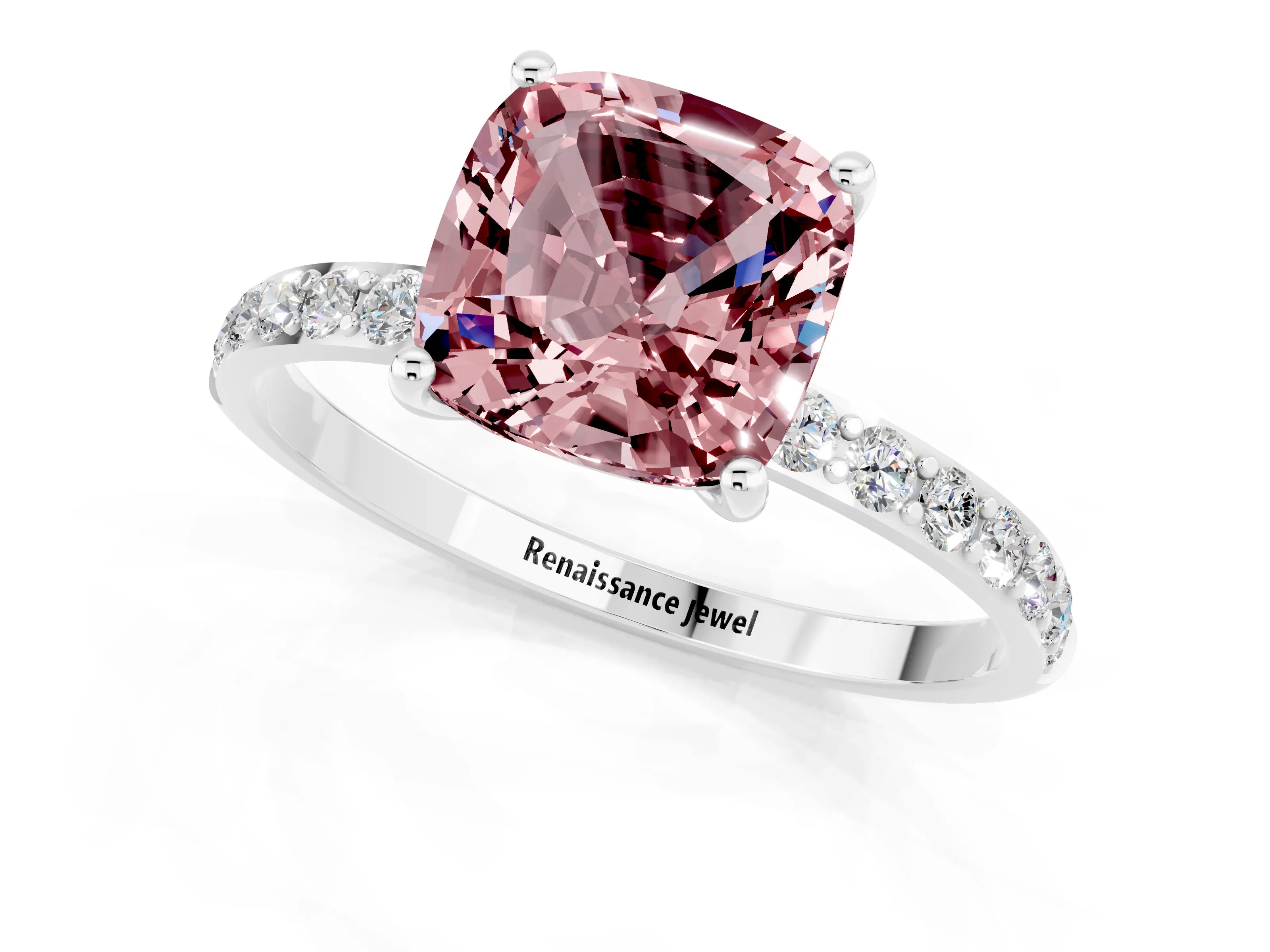 White gold Cushion Cut Morganite Solitaire Ring with Pave Band and Four Prong Setting_13