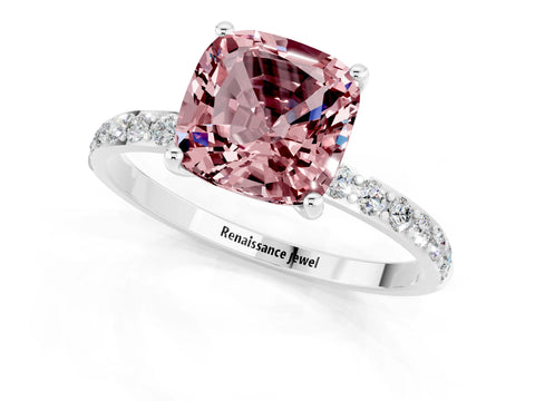White gold Cushion Cut Morganite Solitaire Ring with Pave Band and Four Prong Setting_13