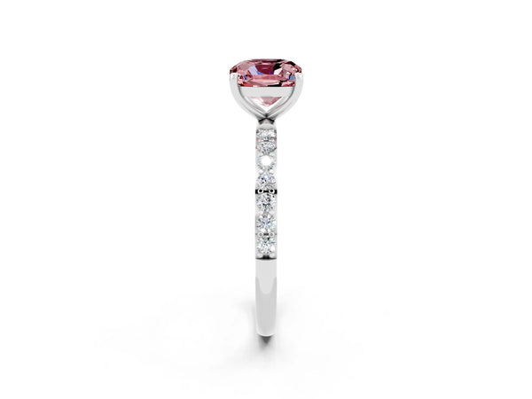 Platinum Cushion Cut Morganite Solitaire Ring with Round  Pavé Band and Prong Setting