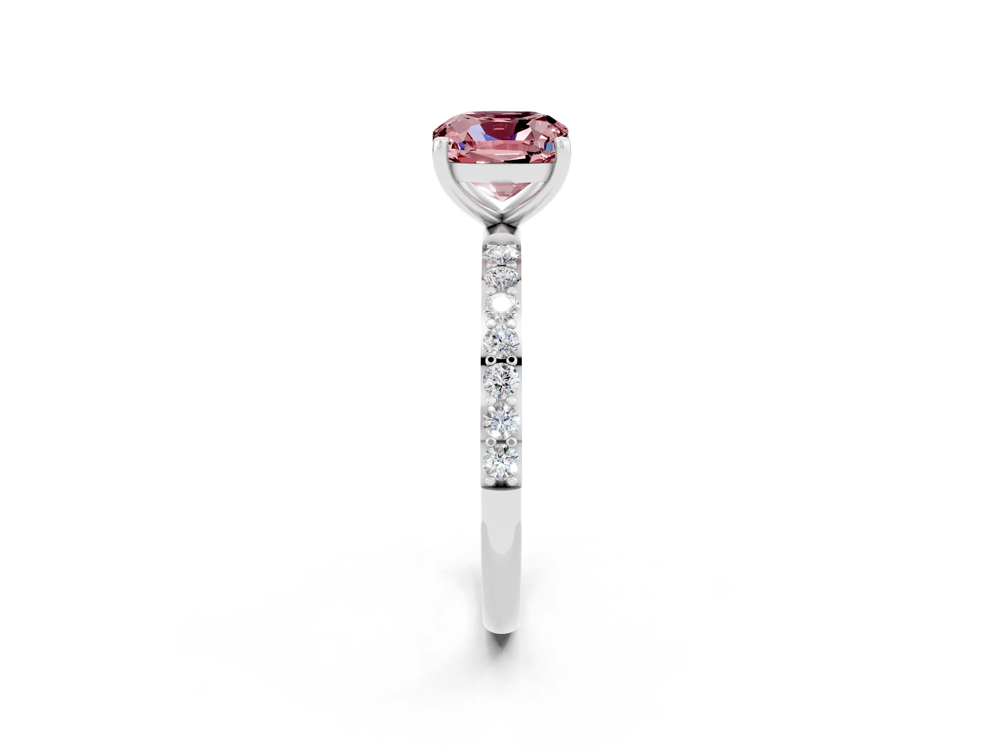 White gold Cushion Cut Morganite Solitaire Ring with Pave Band and Four Prong Setting_14