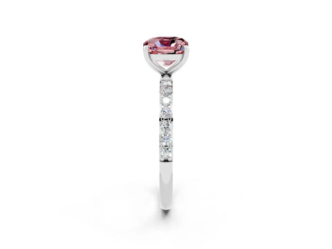White gold Cushion Cut Morganite Solitaire Ring with Pave Band and Four Prong Setting_14