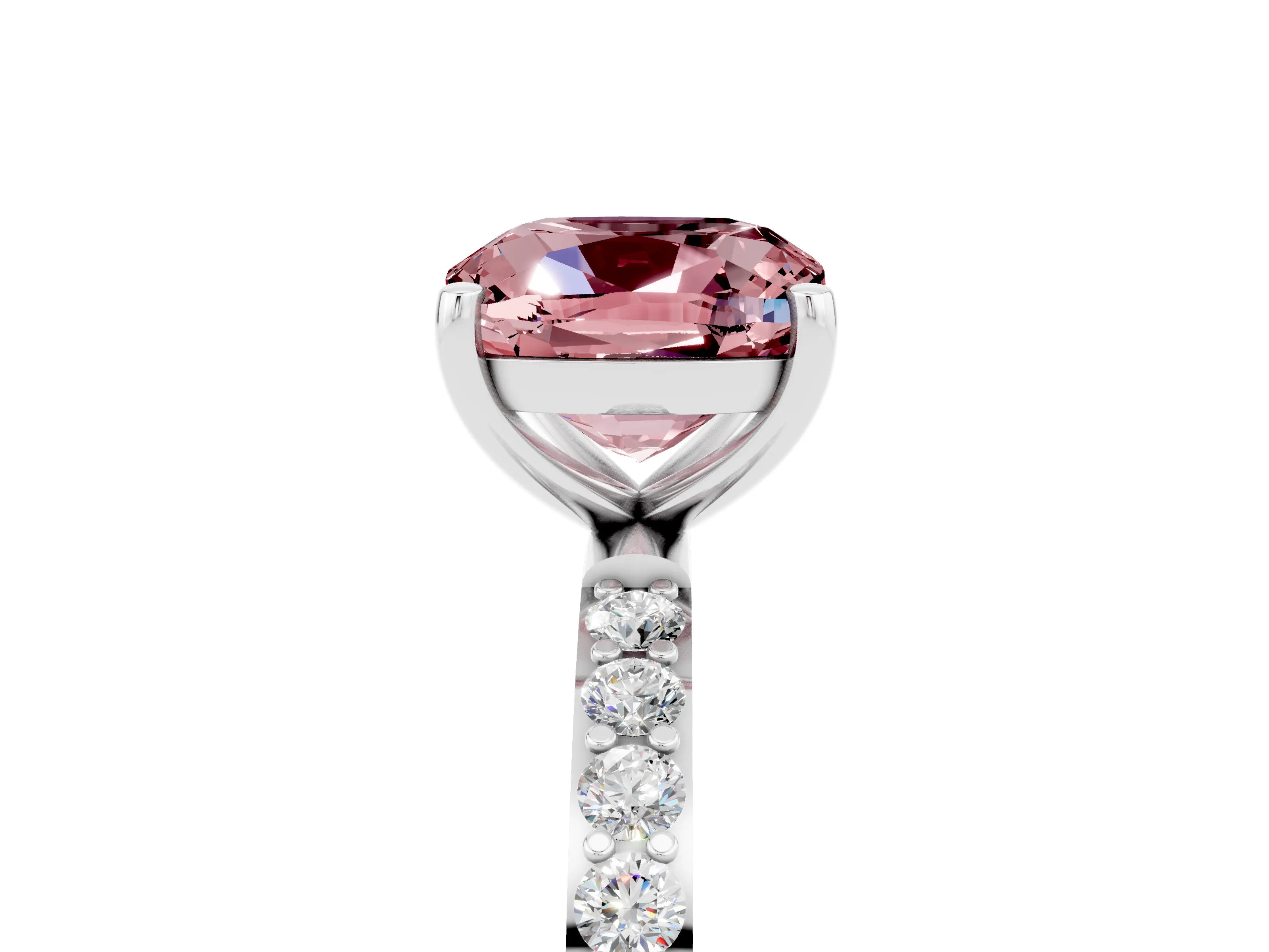 White gold Cushion Cut Morganite Solitaire Ring with Pave Band and Four Prong Setting_17