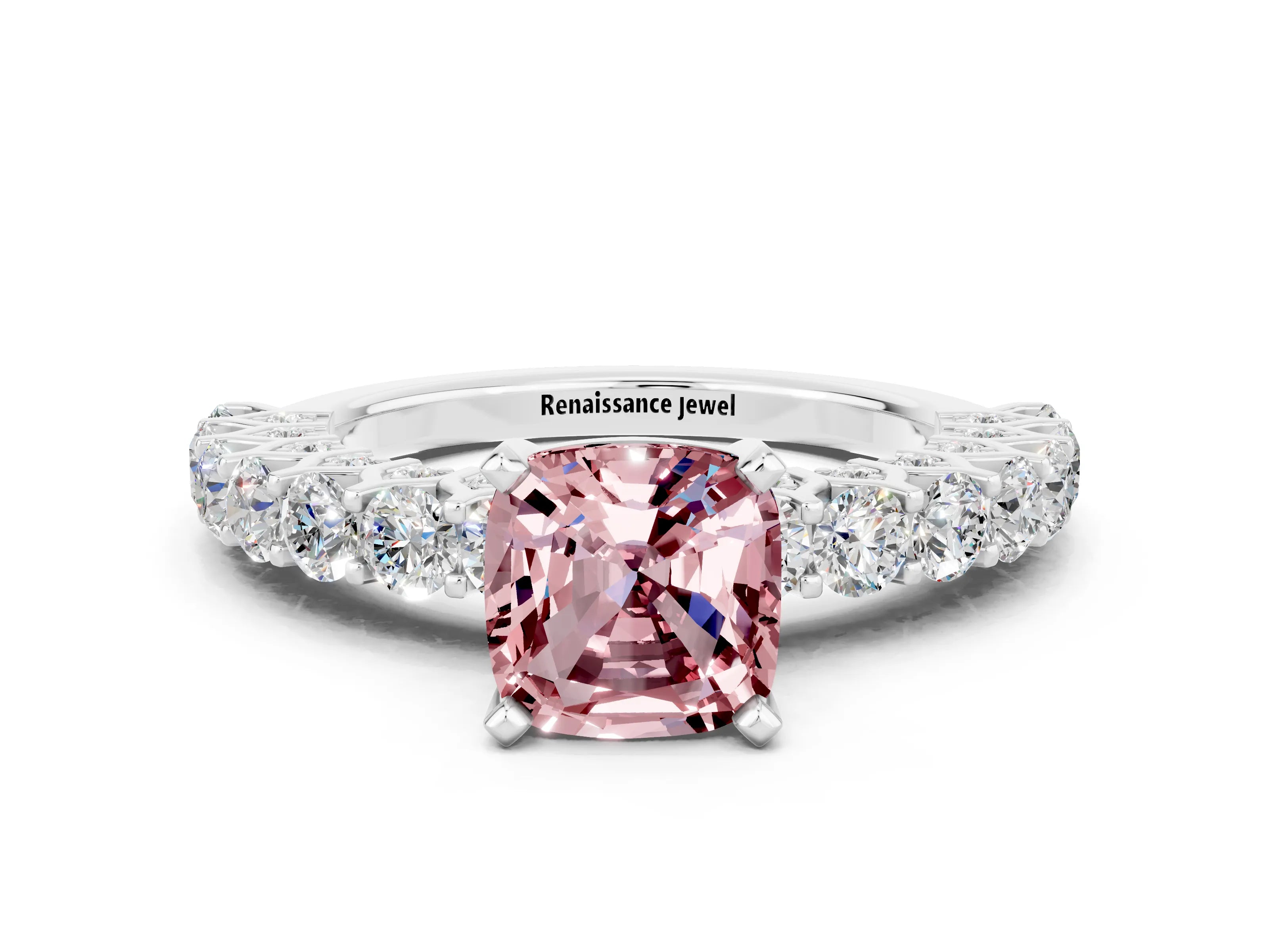 White gold Cushion Cut Morganite Solitaire Ring with Shared Prong Pavé Band and Four-Prong Setting