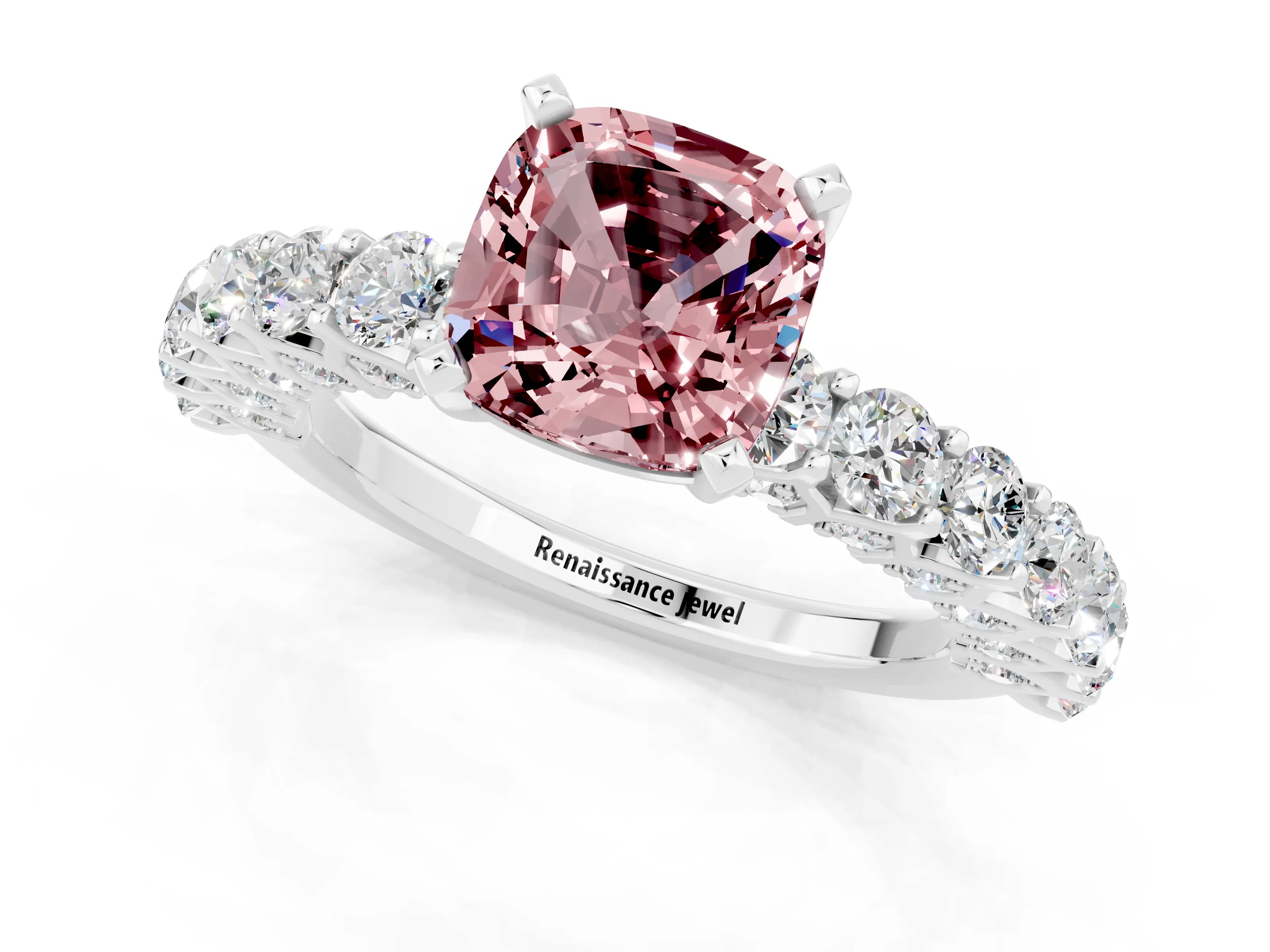 White gold Cushion Cut Morganite Solitaire Ring with Shared Prong Pavé Band and Four-Prong Setting_1