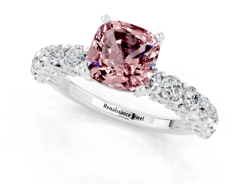 White gold Cushion Cut Morganite Solitaire Ring with Shared Prong Pavé Band and Four-Prong Setting_1