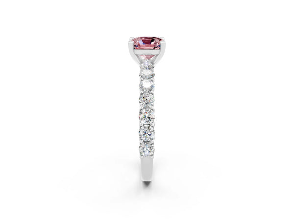 White gold Cushion Cut Morganite Solitaire Ring with Shared Prong Pavé Band and Four-Prong Setting
