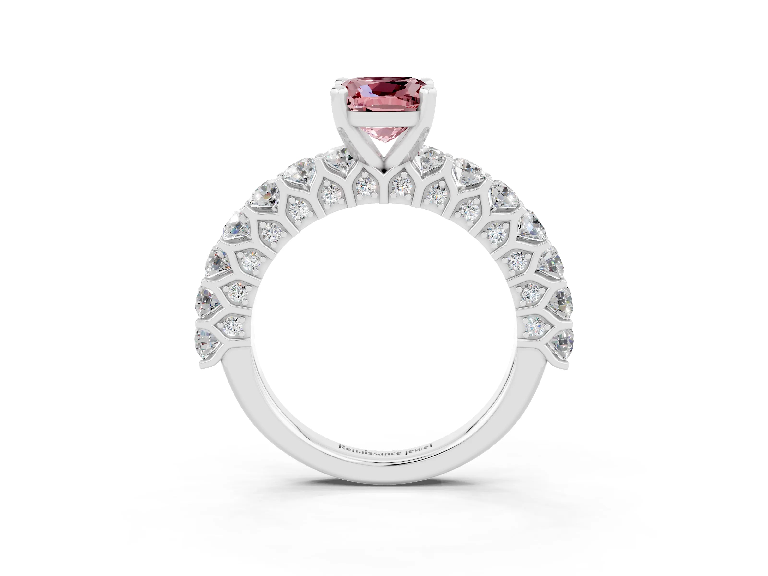 White gold Cushion Cut Morganite Solitaire Ring with Shared Prong Pavé Band and Four-Prong Setting_3